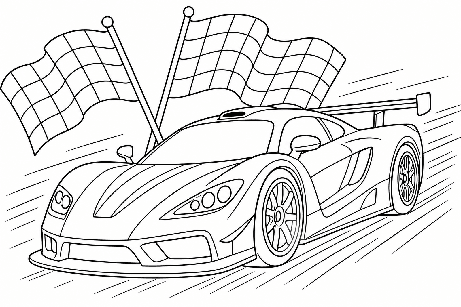 Line-art colouring page of a race car speeding past chequered flags