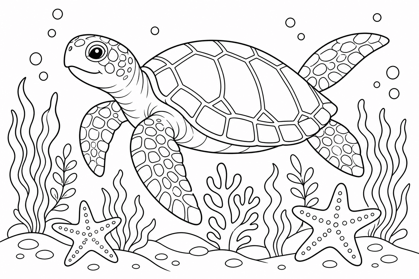 Line-art colouring page of a sea turtle with a patterned shell
