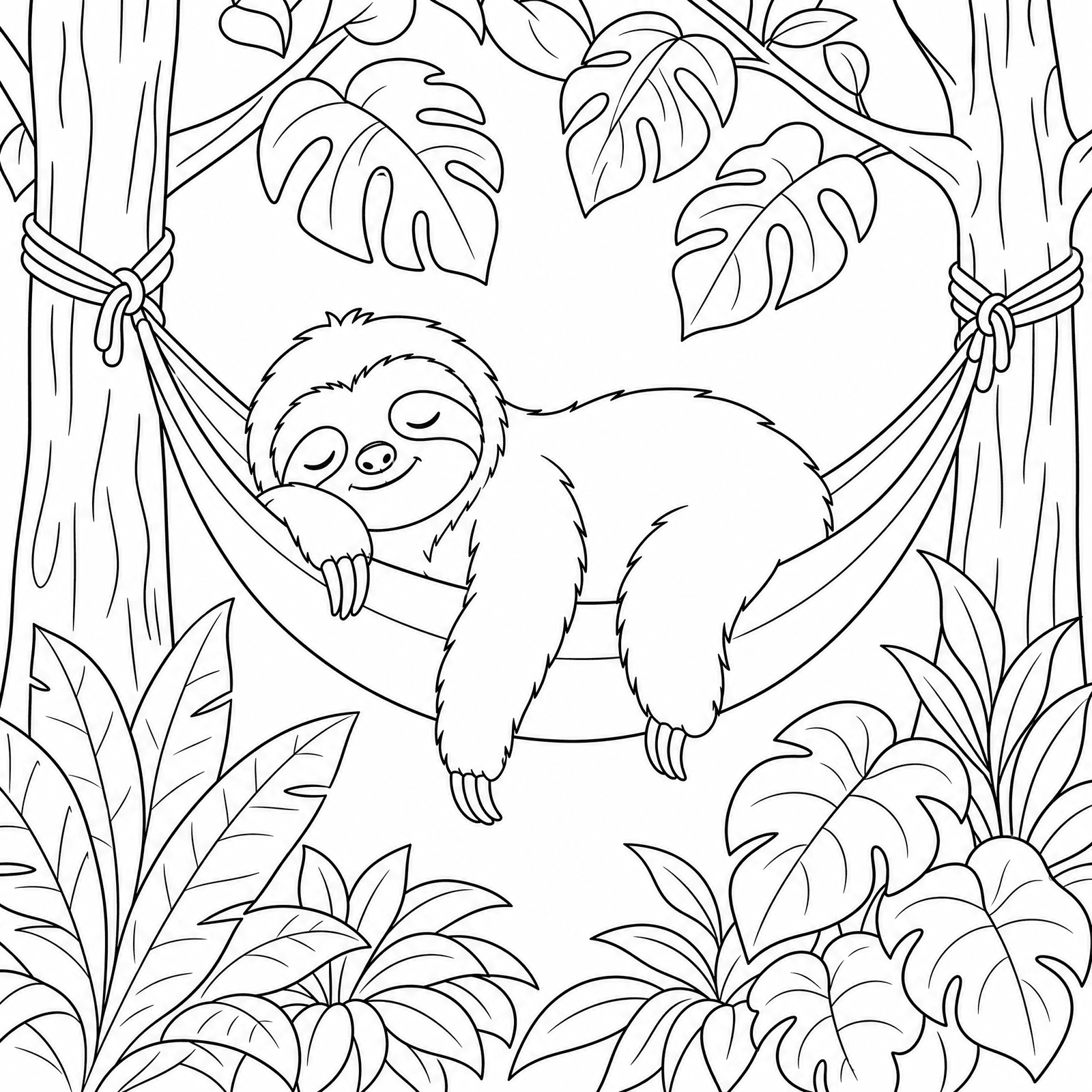 Line-art colouring page of a sloth resting in a jungle hammock