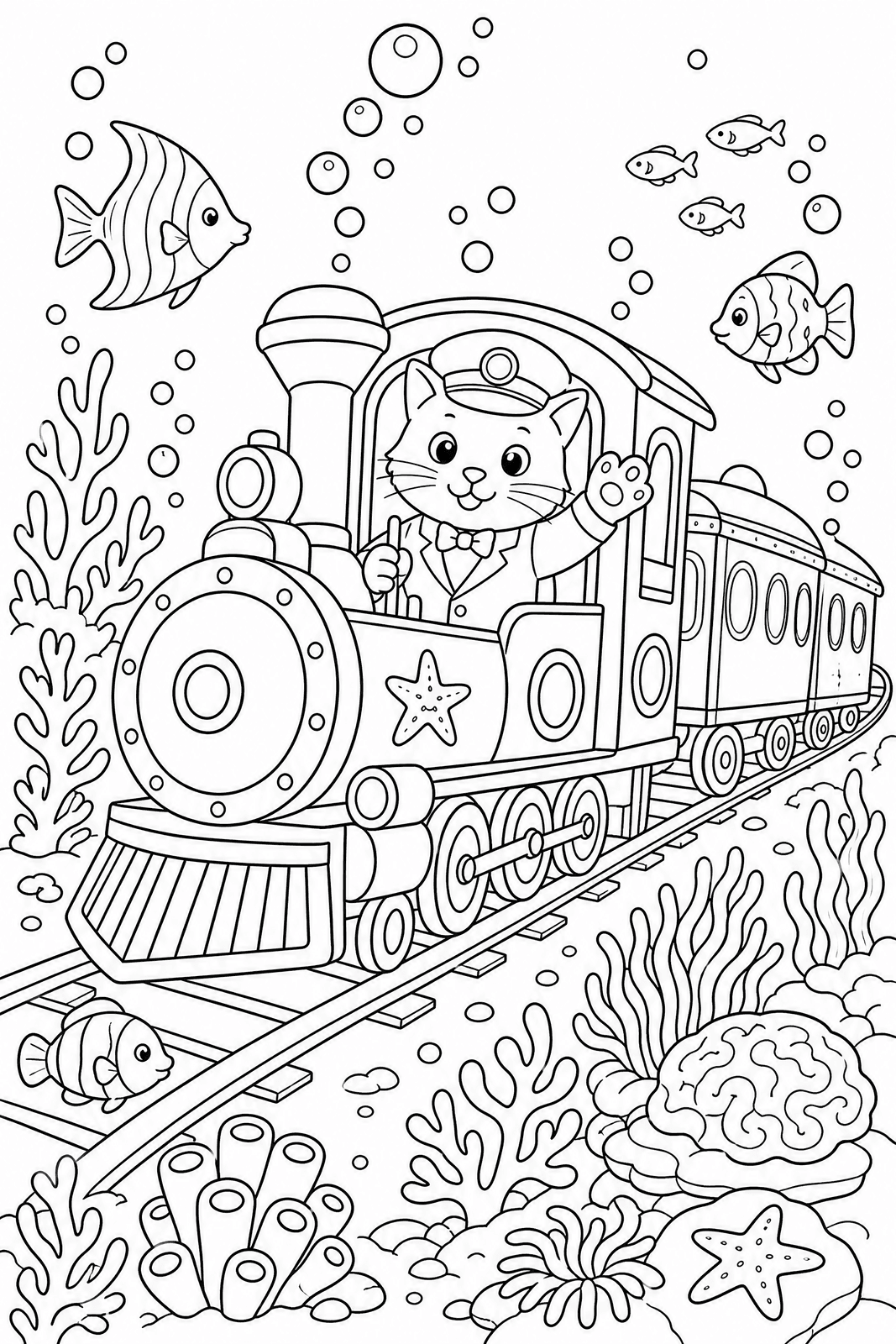 Line-art colouring page of a cat driving a train through a coral reef